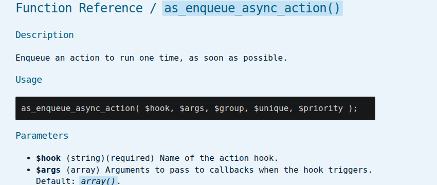 Action Scheduler API documentation for as_enqueue_async_action with its description, usage, and parameters