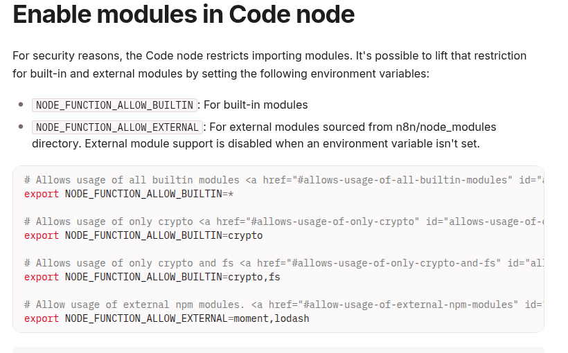n8n documentation showing NODE_FUNCTION_ALLOW_EXTERNAL and module allowlist examples for the Code node