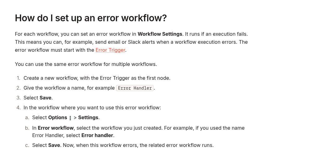 Official n8n documentation showing how to set up a reusable error workflow with Error Trigger