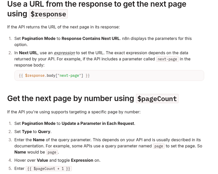 Official n8n documentation showing next-URL and page-number pagination settings