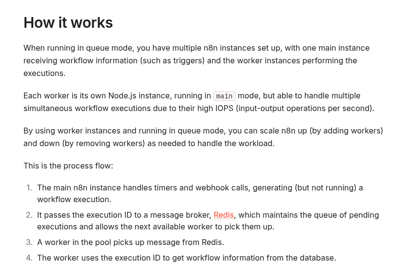 Official n8n documentation explaining how Queue Mode sends execution IDs through Redis to worker processes