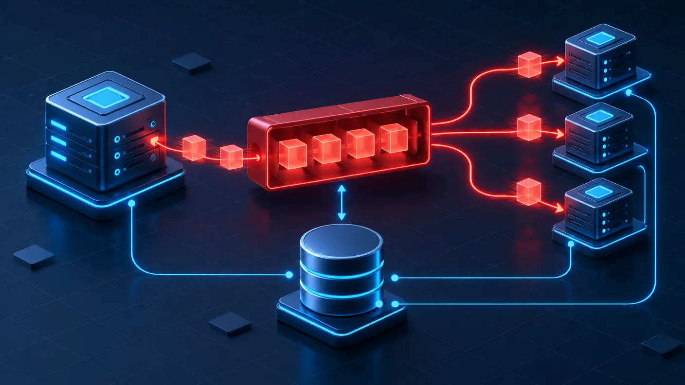 Abstract queue architecture with one main service, a message broker, shared database, and three worker nodes