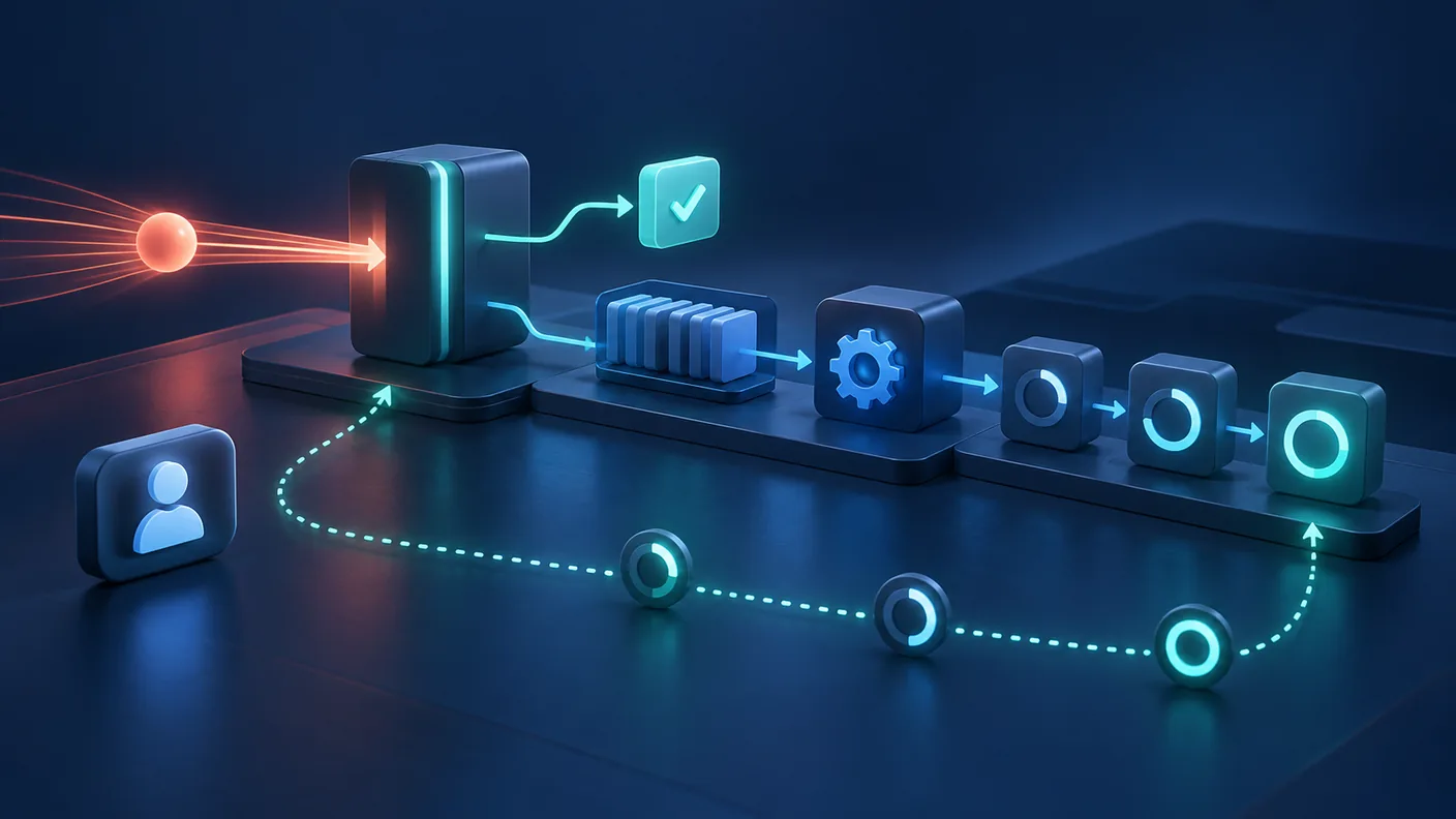 Editorial illustration of a webhook receiving a quick acknowledgment while queued background processing continues with status checks