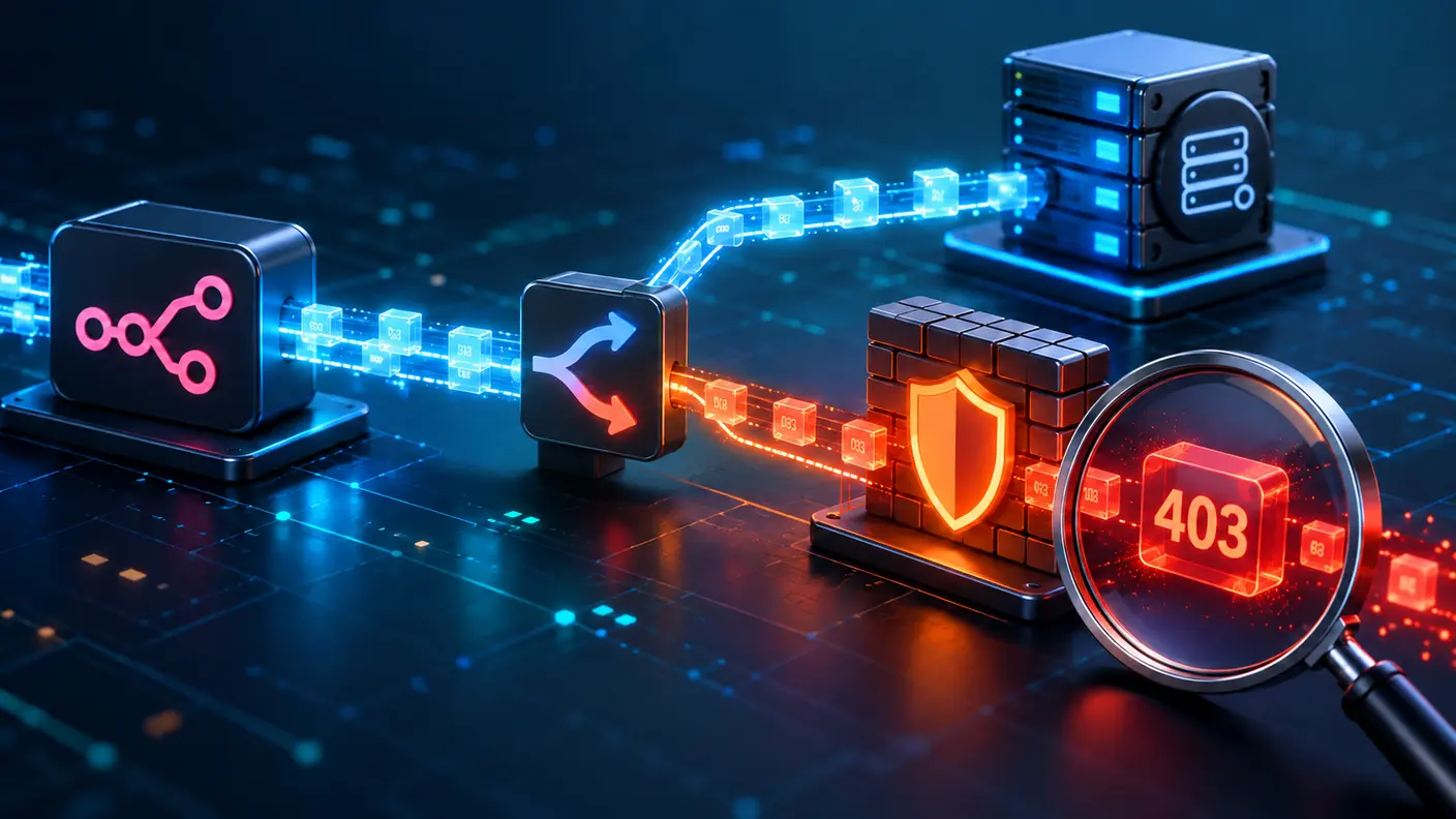 Diagnostic illustration of an automation request split between a WordPress API server and a security firewall, highlighting HTTP 403
