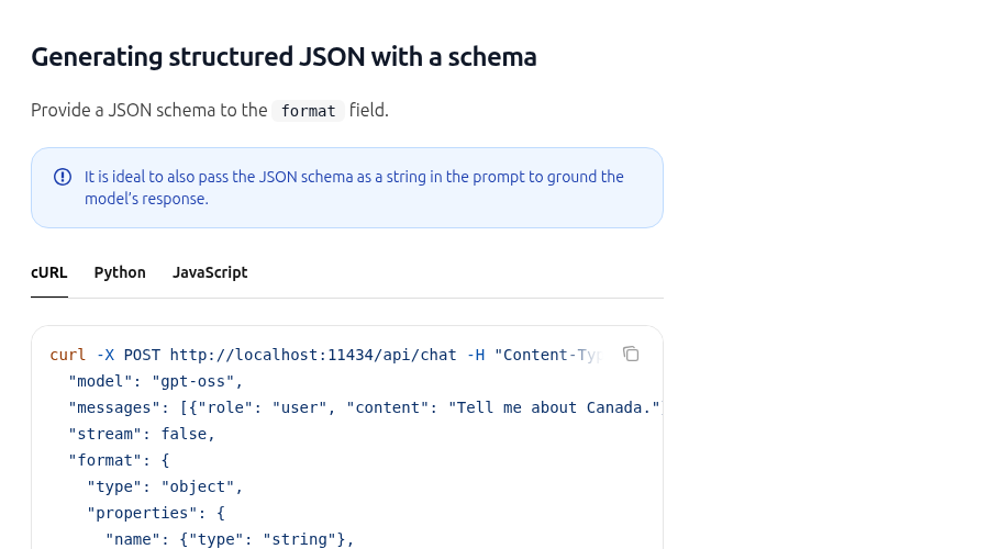 Ollama Structured Outputs documentation showing a JSON schema passed to the format field