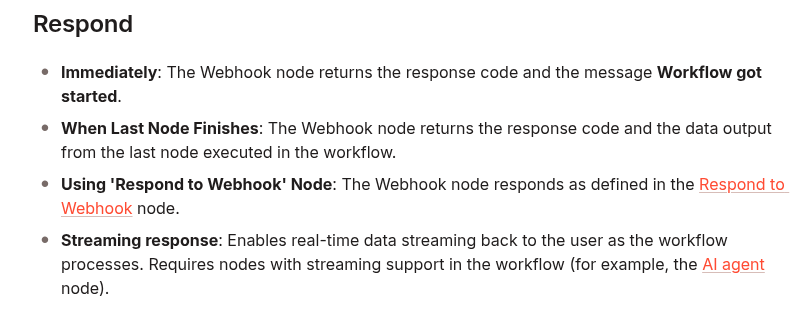 Official n8n Webhook documentation listing Immediately, When Last Node Finishes, Respond to Webhook, and Streaming response modes