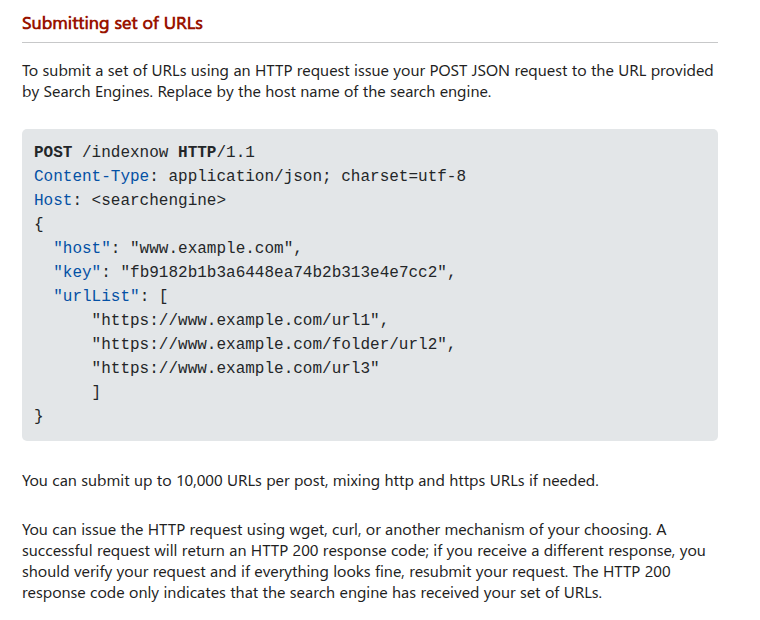 Official IndexNow documentation showing the bulk POST JSON payload, 10,000 URL limit, and HTTP 200 receipt caveat