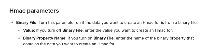 n8n Crypto node Hmac parameters showing Binary File input and Binary Property Name