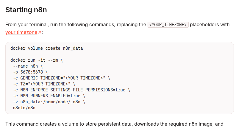 Official n8n Docker example mounting the n8n_data volume at /home/node/.n8n