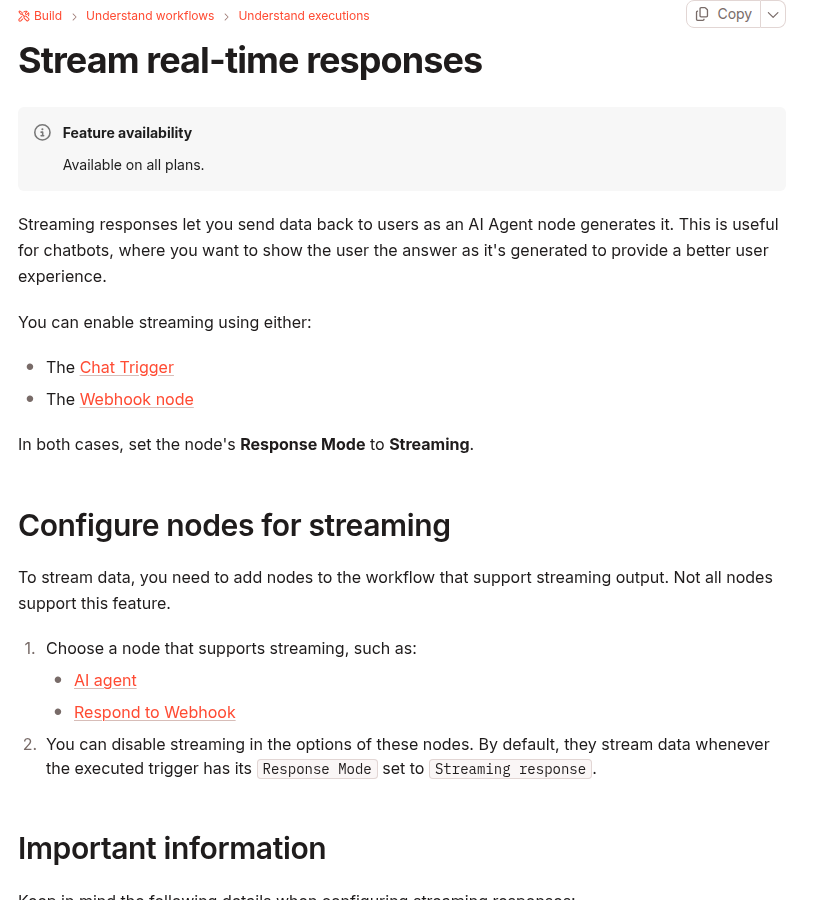 n8n documentation showing native streaming responses through Chat Trigger or Webhook and supported AI Agent and Respond to Webhook nodes