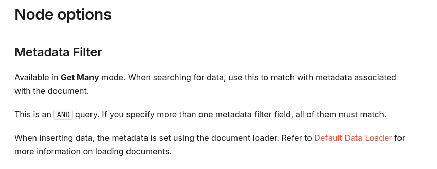 n8n Qdrant Vector Store documentation explaining the Metadata Filter option and AND matching behavior