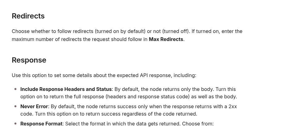 n8n HTTP Request documentation showing redirect follow controls and response status options