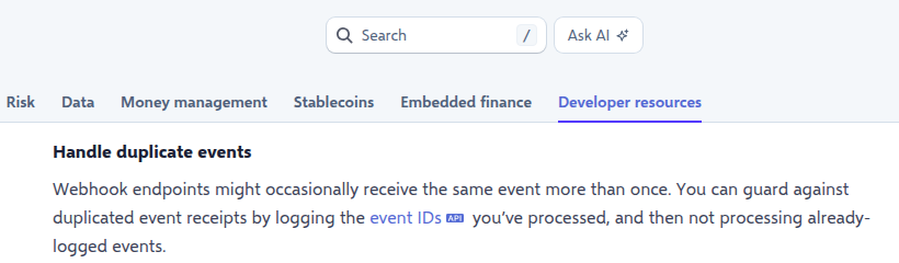 Stripe webhook documentation explaining how to handle duplicate event deliveries with event IDs