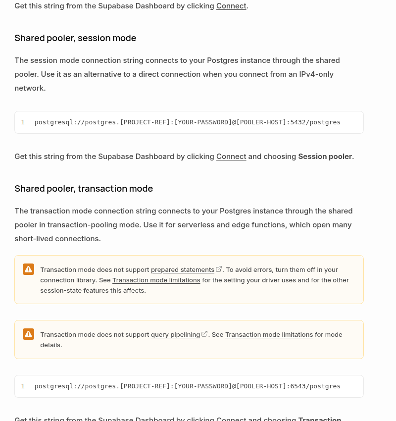 Supabase documentation comparing shared pooler session mode on port 5432 with transaction mode on port 6543 and its prepared-statement limitation